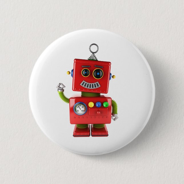 Red toy robot waving hello 6 cm round badge (Front)