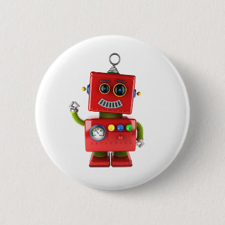 Red toy robot waving hello 6 cm round badge