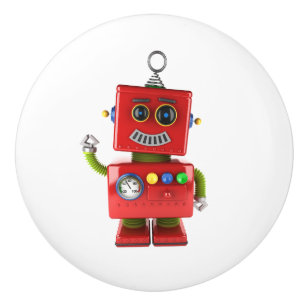 Red toy robot waving hello ceramic knob