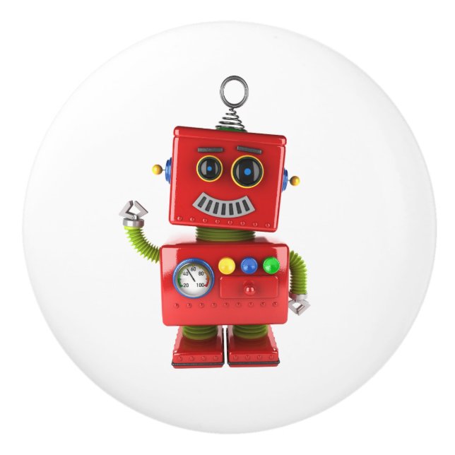 Red toy robot waving hello ceramic knob (Front)