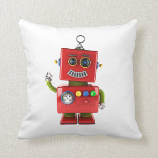 Red toy robot waving hello cushion