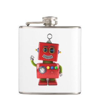 Red toy robot waving hello hip flask