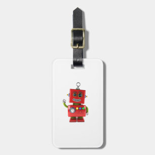 Red toy robot waving hello luggage tag