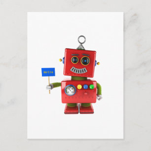 Red toy robot with hello sign postcard