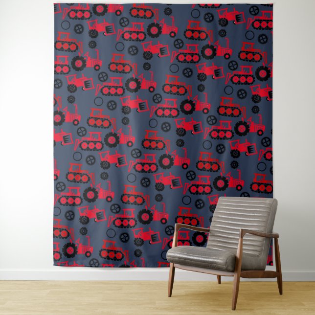 Red Toy Tractors Dark Grey Backdrop Wall Covering Tapestry (In Situ)