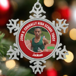 Red Track & Field Photo High School Athlete Snowflake Pewter Christmas Ornament<br><div class="desc">This cool customized high school track team athlete photo gift features white typography of your team on a snowflake shaped Christmas ornament with a running track on a red background. Personalize with your student's photograph and class year as a proud runner parent.</div>