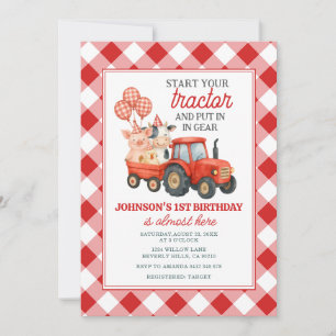 Red Tractor 1st Birthday Farm Invitation