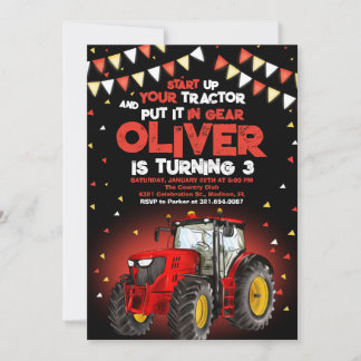 Red Tractor 3rd Birthday Party Invitation