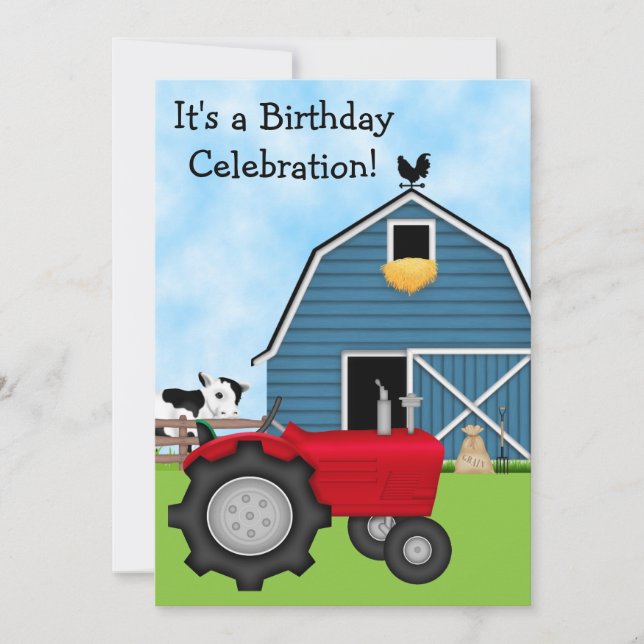 Red Tractor and Blue Barn Birthday Invite ~ Boys (Front)