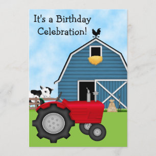 Red Tractor and Blue Barn Birthday Invite ~ Boys