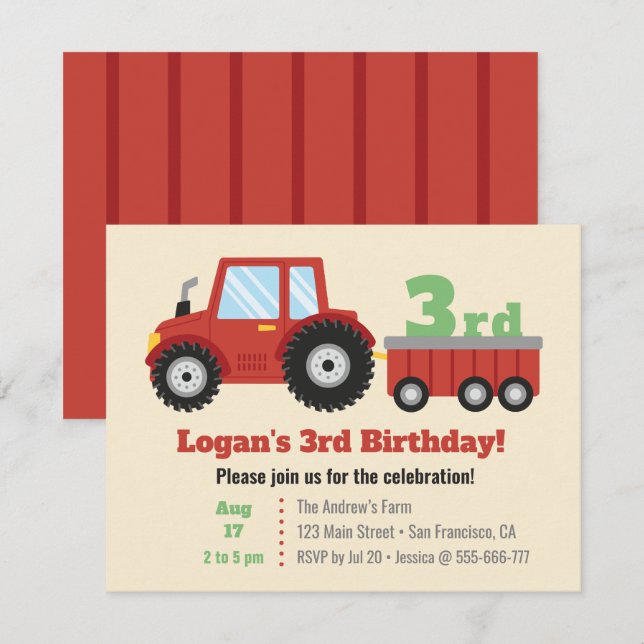 Red Tractor and Cart Kids Birthday Party Invitation (Front/Back)