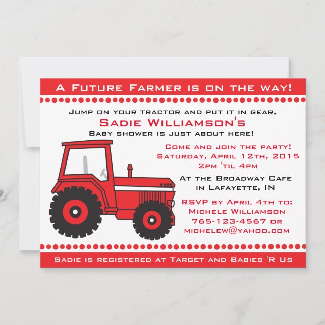 Red Tractor Baby Shower Invitation (Front)