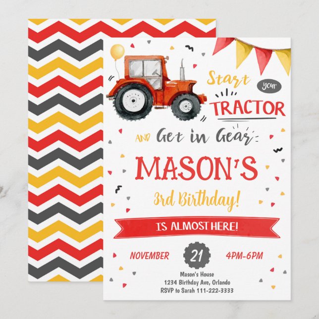 Red Tractor Birthday Invitation (Front/Back)
