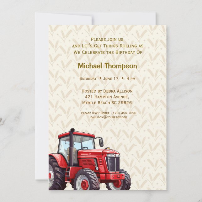 Red Tractor Birthday Invitations (Front)