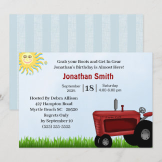 Red Tractor Birthday Party Invitation