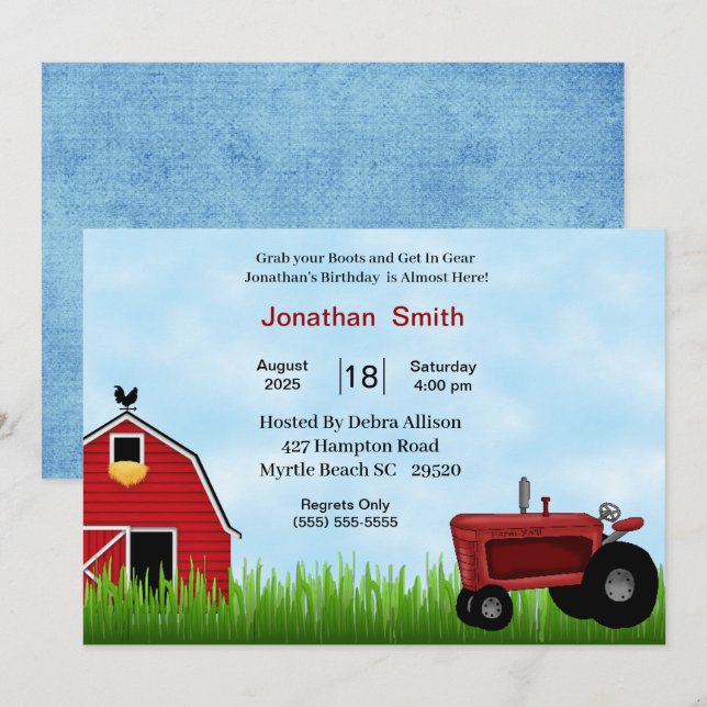Red Tractor Birthday Party Invitation (Front/Back)