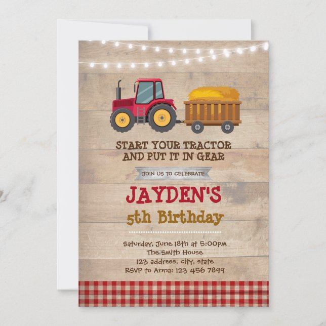 Red tractor birthday party invitation (Front)