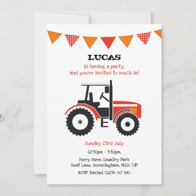 Red Tractor Birthday Party Invite (Front)