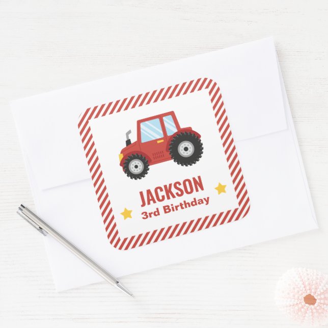 Red Tractor Boys Birthday Party Decor Square Sticker (Envelope)