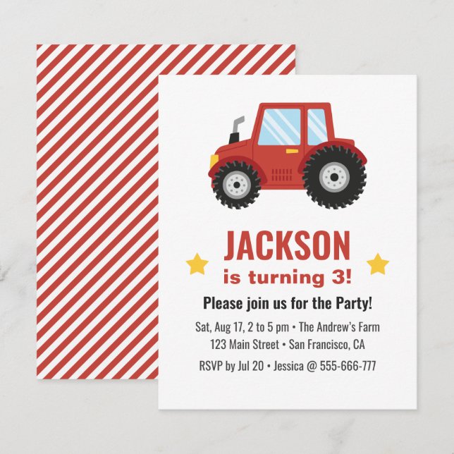 Red Tractor Boys Birthday Party Invitation (Front/Back)