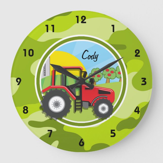 Red Tractor; bright green camo, camouflage Large Clock (Front)