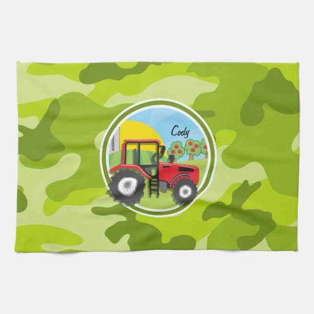 Red Tractor; bright green camo, camouflage Tea Towel (Horizontal)