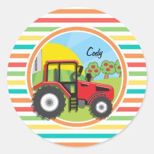 Red Tractor; Bright Rainbow Stripes Classic Round Sticker