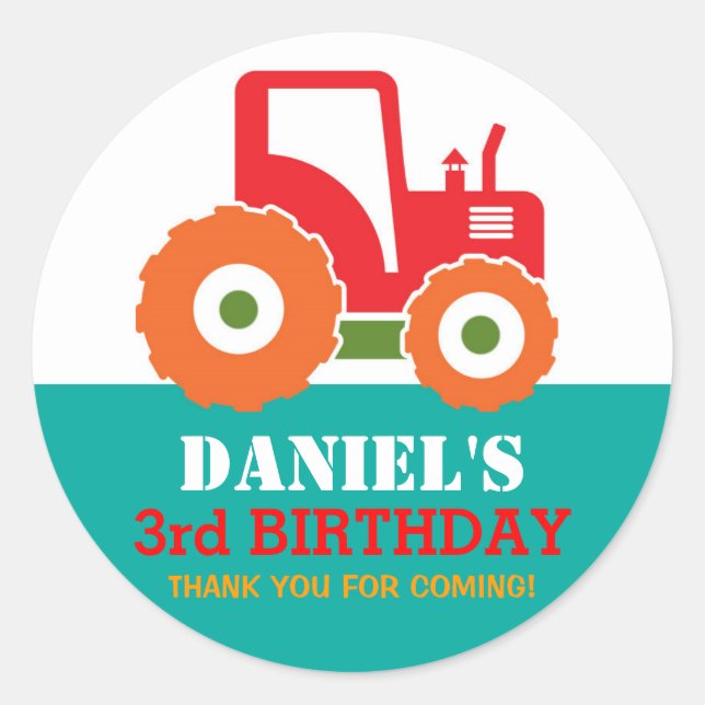 Red Tractor Cartoon Kids Birthday Party Sticker (Front)