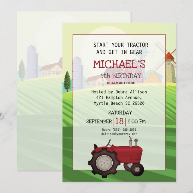 Red Tractor Farm 5th Birthday Party Invitation (Front/Back)