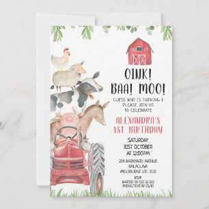 Red Tractor Farm Animals 1st Birthday Invitation