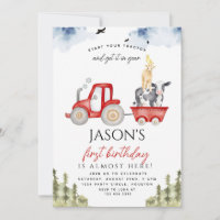 Red Tractor Farm Animals 1st Birthday Party boy