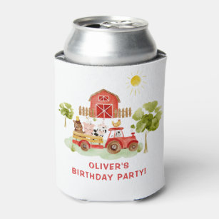 Red tractor farm animals birthday can cooler