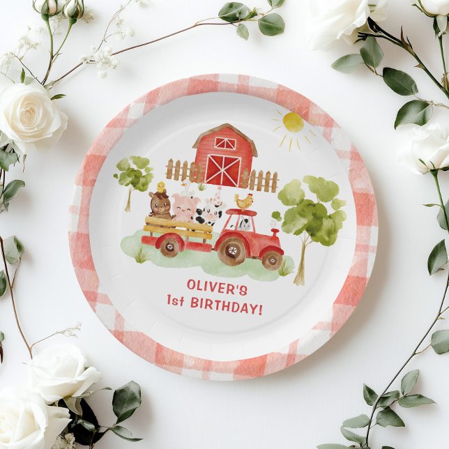 Red tractor farm animals birthday paper plate (Creator Uploaded)