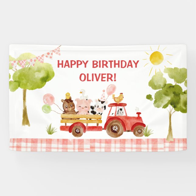 Red tractor farm animals birthday party banner (Horizontal)