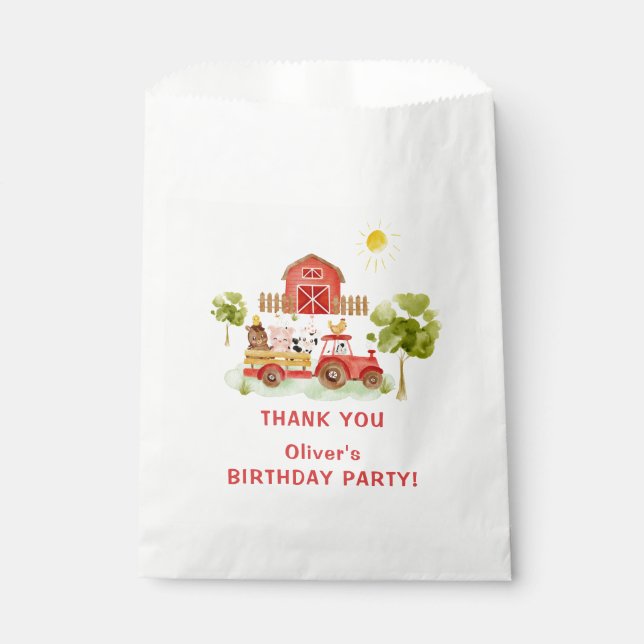 Red tractor farm animals birthday party favour bags (Front)