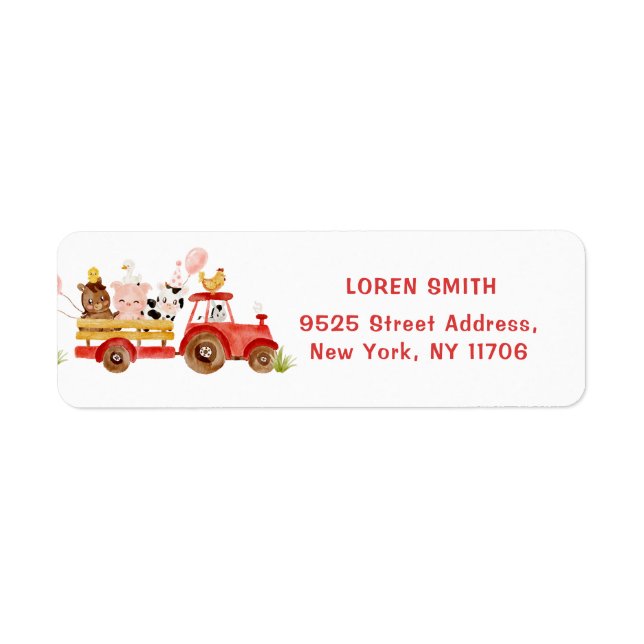 Red tractor farm animals birthday return address (Front)