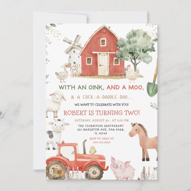 Red Tractor Farm Animals Oink Baa Moo Birthday  Invitation (Front)