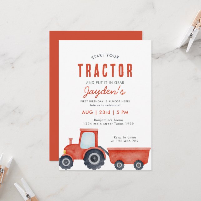 Red Tractor Farm Boy 1st Birthday invitation (Front/Back In Situ)