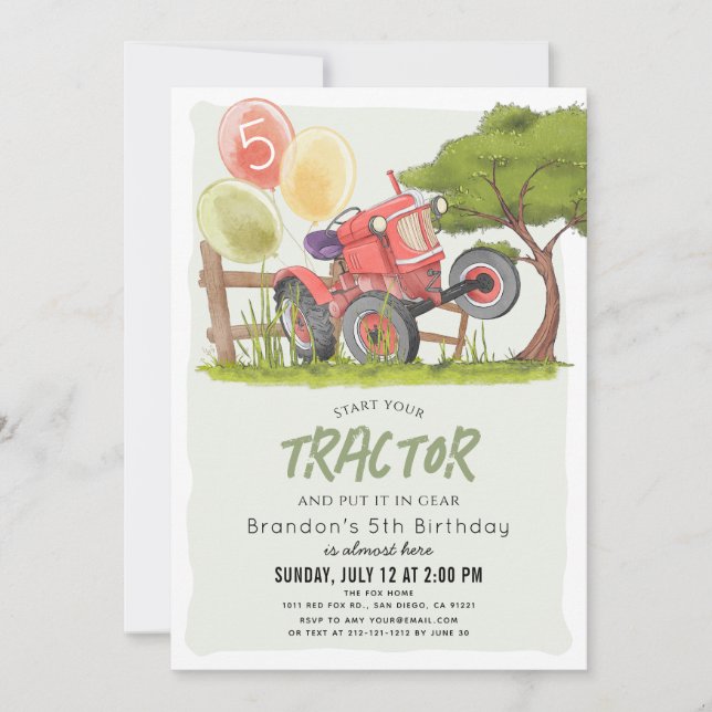 Red Tractor Farm Boy Kids Birthday Invitation (Front)
