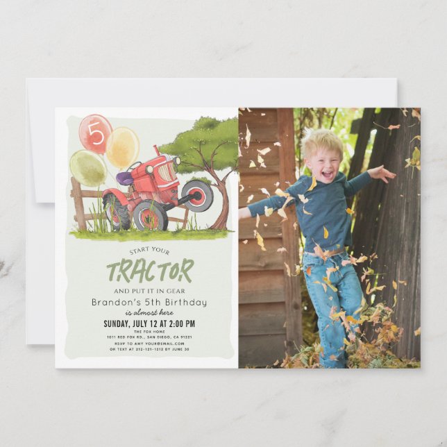 Red Tractor Farm Boy Photo Birthday Invitation (Front)
