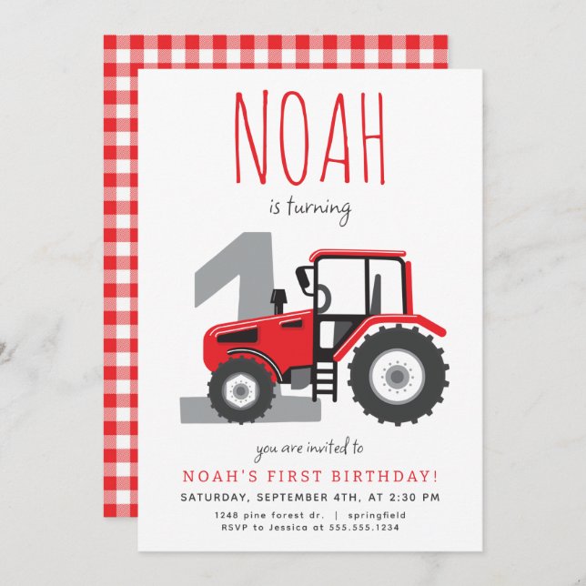 Red Tractor First Birthday Invitation (Front/Back)