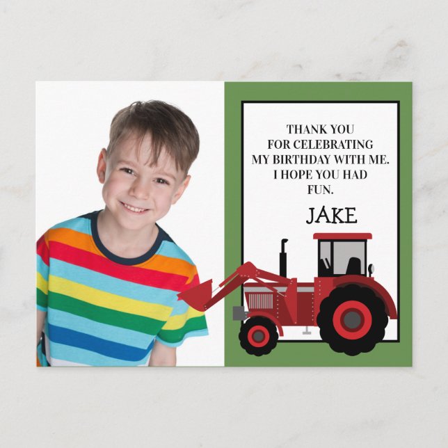 Red Tractor Green Birthday Photo Thank You Postcard (Front)