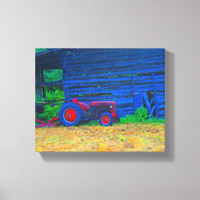 Red tractor in front of barn canvas print (Front)