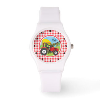 Red Tractor on Red and White Gingham Watch