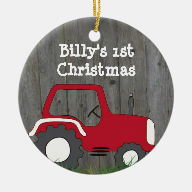 Red Tractor Ornament: Add Photo & Year Ceramic Tree Decoration (Front)