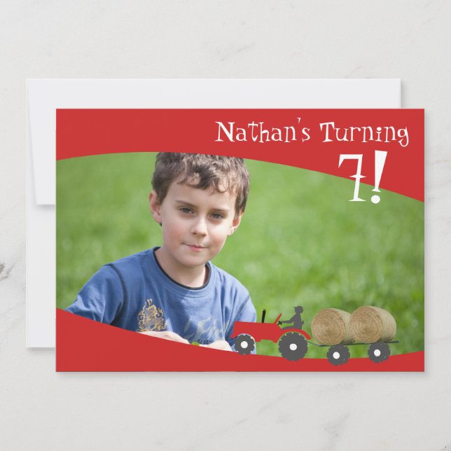 Red Tractor Photo Invitation (Front)