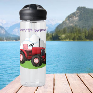Red Tractor Pink Seat Cartoon Kid Farmer Water Bottle