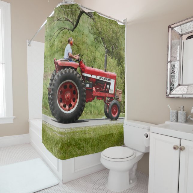 Red tractor shower curtain (In Situ)