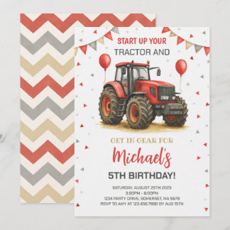 Red Tractor Theme Birthday Party Invitation