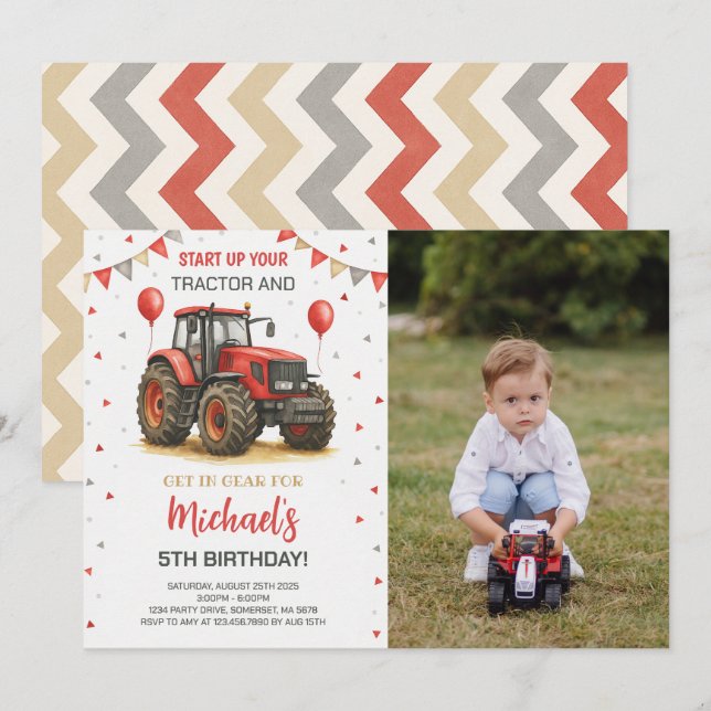Red Tractor Theme Birthday Party Photo Invitation (Front/Back)